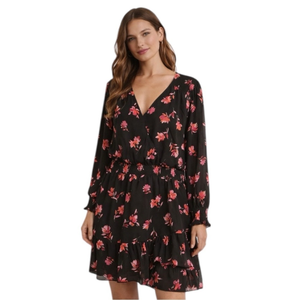 Vince Camuto Floral Mini Dress XXL Black Pink Long Sleeve Smocked Waist
